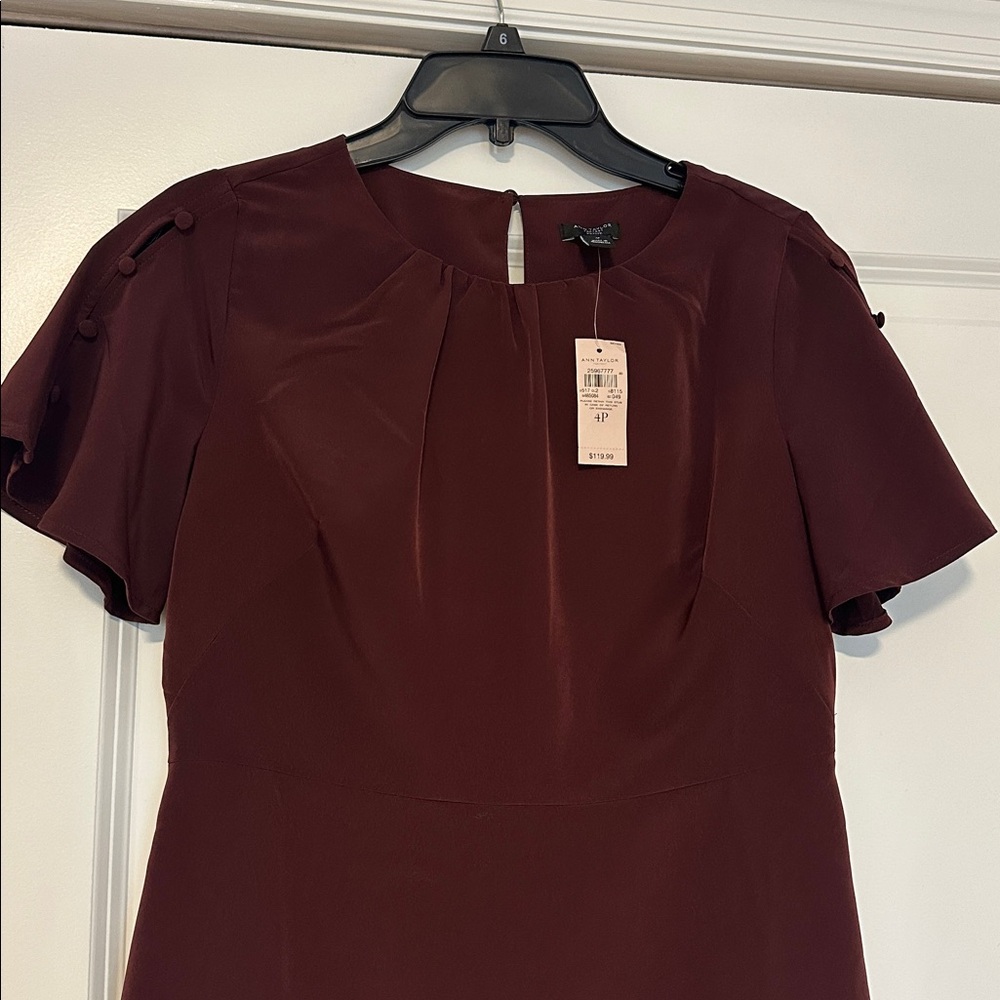 Ann Taylor Burgundy Short Flutter Sleeve Shift Dress Size 4P - Picture 2 of 8